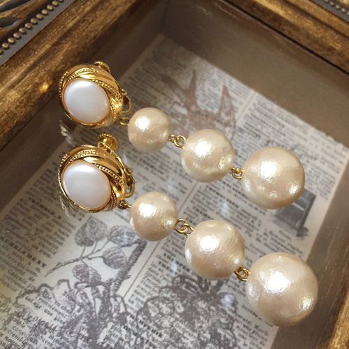 ヴィンテージレトロ♡三連パールの大ぶりピアス/イヤリング ピアス 