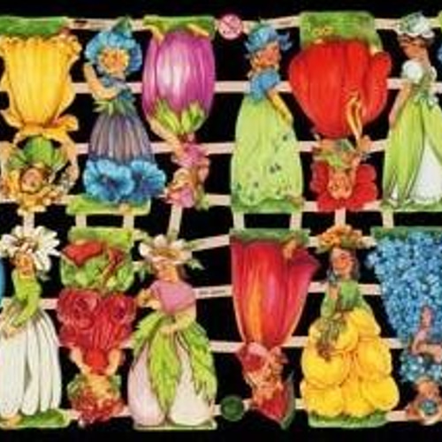 アンティーク クロモスカード お花の妖精 5枚セット ドイツ製クロモス 16の花の妖精 ラメなし DA-CHRY025 包装紙