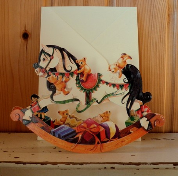 封筒付き 立体グリーティングカード 木馬とおもちゃ DA-ADG008 1枚目の画像
