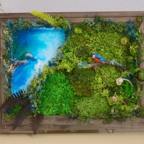 プリザーブド モス 立体絵画 カワセミの水辺 プリザーブドフラワー 霧