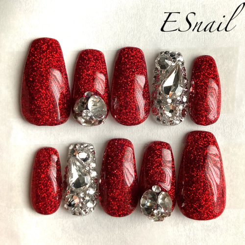 ネイルチップ　赤とストーン つけ爪 No.40]ツイードネイル/ストーン/赤/レッド/秋冬/ネイルチップ/つけ爪