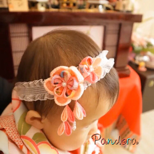 ベビーヘアバンド 和-153 ハンドメイド 水引 つまみ細工 ちりめん細工 和風 ベビー ヘアバンド つまみ細工 100日祝い 百日祝い お