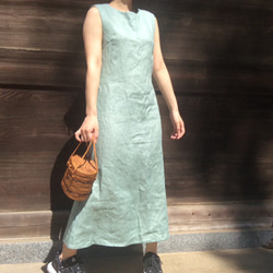 セール麻/リネン100％涼しいロングノースリーブワンピース(紺/白/ピンク/黄色/山吹) 3枚目の画像