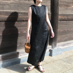 セール麻/リネン100％涼しいロングノースリーブワンピース(紺/白/ピンク/黄色/山吹) 2枚目の画像