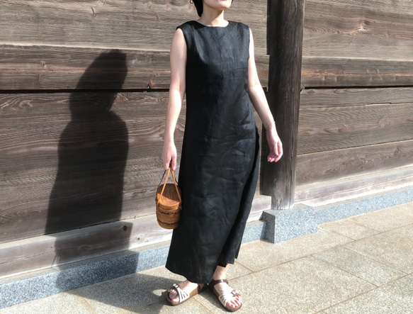 セール麻/リネン100％涼しいロングノースリーブワンピース(紺/白/ピンク/黄色/山吹) 2枚目の画像