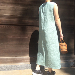 セール麻/リネン100％涼しいロングノースリーブワンピース(紺/白/ピンク/黄色/山吹) 4枚目の画像