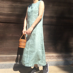 セール麻/リネン100％涼しいロングノースリーブワンピース(紺/白/ピンク/黄色/山吹) 6枚目の画像