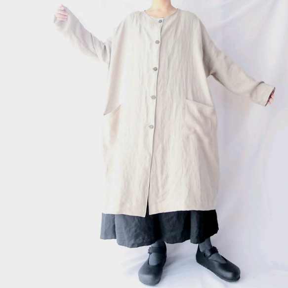 【受注】リトアニアリネン☆オーバーサイズのノーカラーコート 4枚目の画像
