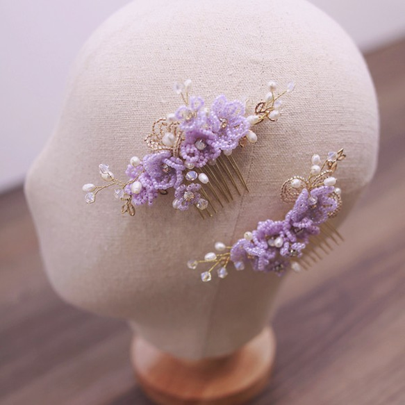 粉紫浪漫華麗串珠水晶梳插Handmade Beads Bridal Headpiece,Purple Headpiece 第4張的照片