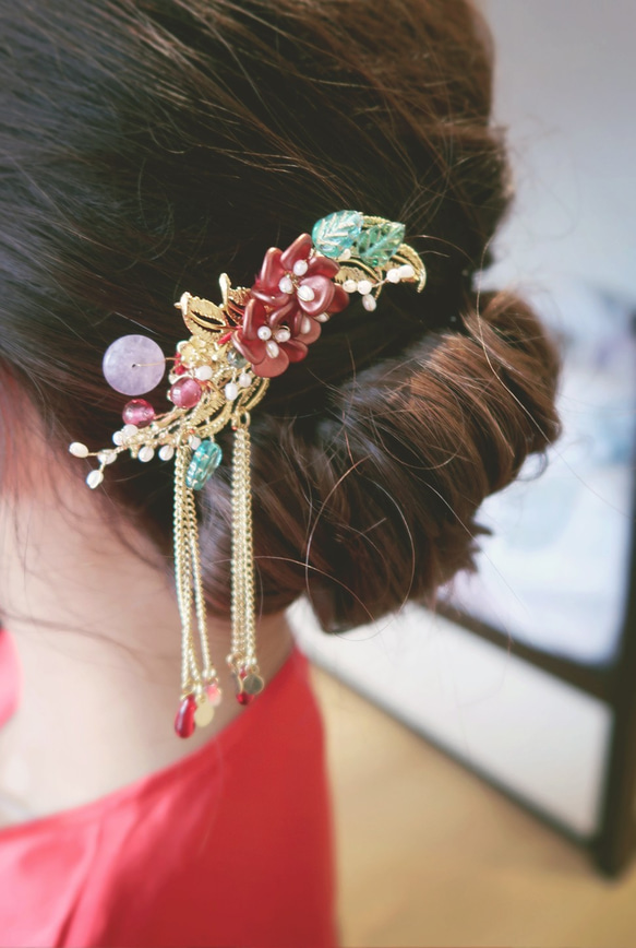 (紫紅色)古典琉璃新娘頭飾,Bridal Headpiece,Oriental Headpiece,中式頭飾,裙褂頭飾 第2張的照片