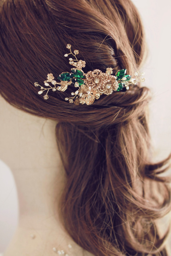 Swarovski祖母綠水晶髮梳, 手工華麗水晶新娘頭飾, 古典新娘頭飾, Vintage Headpiece 第6張的照片