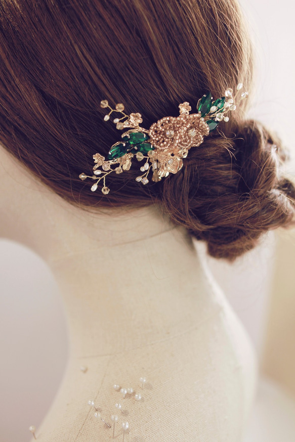Swarovski祖母綠水晶髮梳, 手工華麗水晶新娘頭飾, 古典新娘頭飾, Vintage Headpiece 第7張的照片