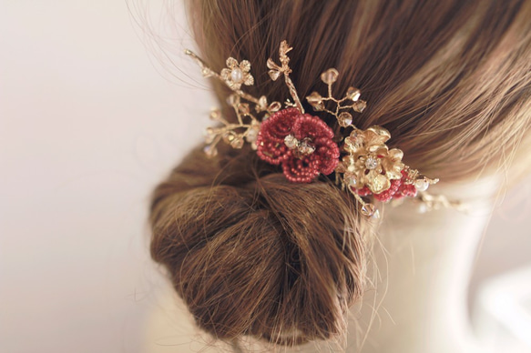 Vintage Headpiece,Bridal Headpiece,Flower Headpiece,紅金色新娘頭飾 第2張的照片