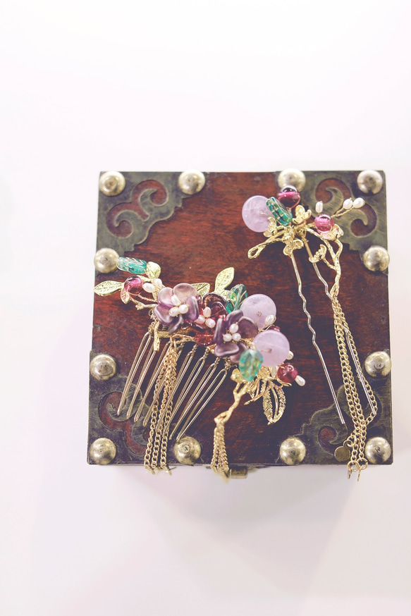 (紫色)古典琉璃新娘頭飾,Bridal Headpiece,Oriental Headpiece,中式頭飾,裙褂頭飾 第4張的照片