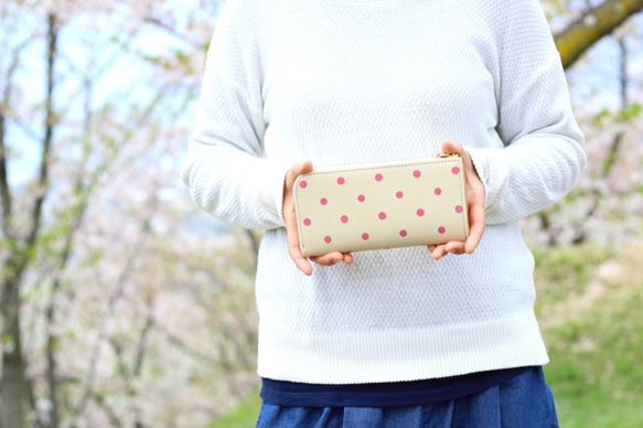 【廃盤】姫路産レザー　L字ファスナーの財布　　牛革  ピンクドット　　受注生産 1枚目の画像