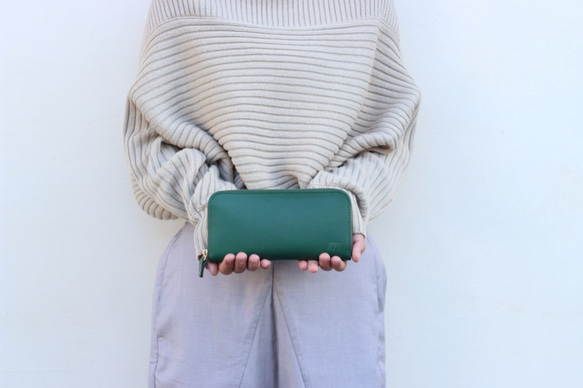 本革　ラウンドファスナー　長財布　レディース　メンズ　グリーン　ヌメ革　アラバスタレザー　春財布　aw-15hn 9枚目の画像