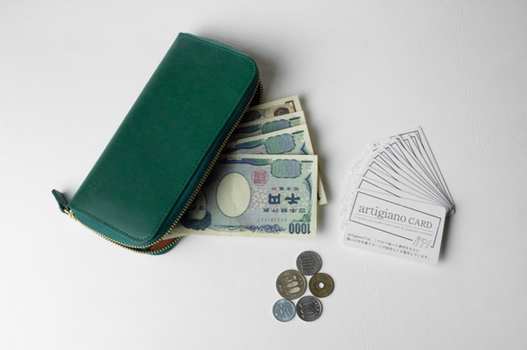 本革　ラウンドファスナー　長財布　レディース　メンズ　グリーン　ヌメ革　アラバスタレザー　春財布　aw-15hn 8枚目の画像