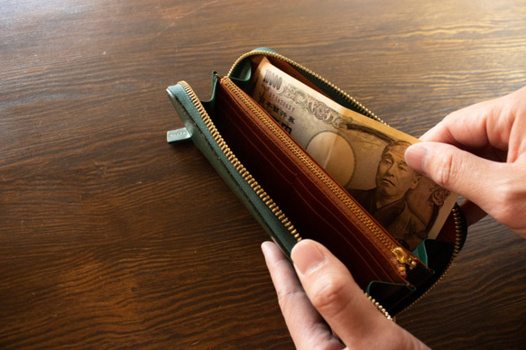 本革　ラウンドファスナー　長財布　レディース　メンズ　グリーン　ヌメ革　アラバスタレザー　春財布　aw-15hn 7枚目の画像