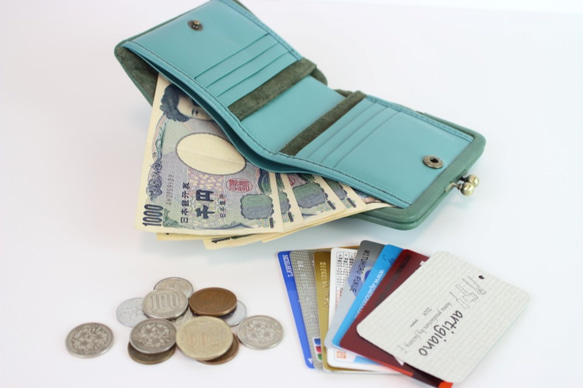 姫路産ソフトレザー がま口　二つ折り財布　ブルーグリーン　ハーフウォレット　日本製　aw-03ga 7枚目の画像