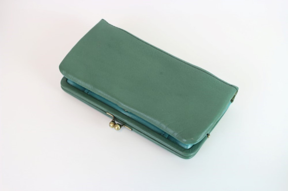 【廃盤】姫路産ソフトレザー　がま口のお財布　ブルーグリーン　長財布　本革　緑 aw-04ga 6枚目の画像