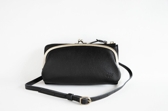 がま口　お財布ショルダー　ブラック　スマホショルダー　レディース　長財布　姫路レザー　日本製　aw-17nns 4枚目の画像