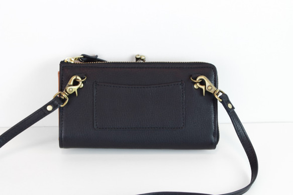 がま口　お財布ショルダー　ブラック　スマホショルダー　レディース　長財布　姫路レザー　日本製　aw-17nns 5枚目の画像