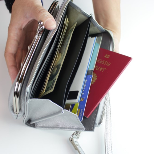 がま口 お財布ショルダー シルバー スマホショルダー レディース