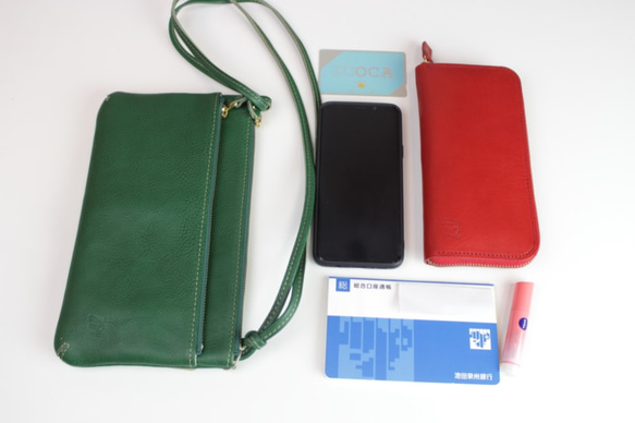 【長財布が入る】2WAY　薄型　サコッシュ　姫路レザー　グリーン　本革　ショルダーバッグ　日本製　ak-53nns 6枚目の画像