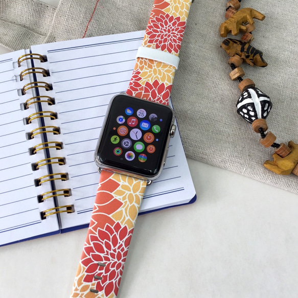 Apple Watch Strap Series 1 & Series 2 真皮手錶帶 更換式蘋果錶帶 - 橙紅色碎花 第2張的照片