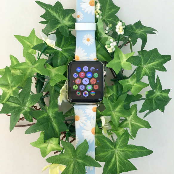 Apple Watch Strap Series 1 & Series 2 真皮手錶帶 更換式蘋果錶帶 - 文青系白菊花 第1張的照片