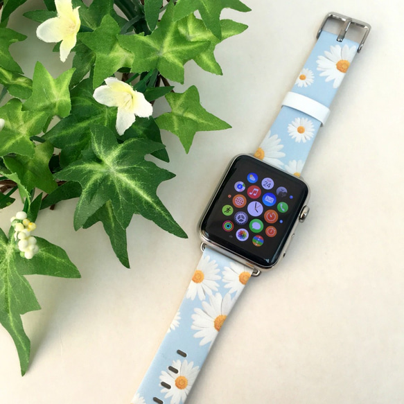 Apple Watch Strap Series 1 & Series 2 真皮手錶帶 更換式蘋果錶帶 - 文青系白菊花 第2張的照片