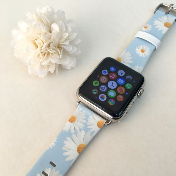 Apple Watch Strap Series 1 & Series 2 真皮手錶帶 更換式蘋果錶帶 - 文青系白菊花 第3張的照片