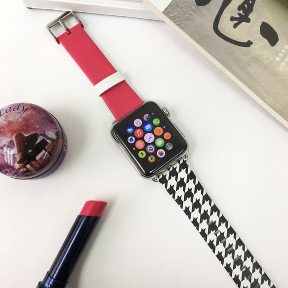 Apple Watch Strap Series 1 & Series 2 真皮手錶帶 更換式蘋果錶帶 - 粉紅與千鳥格 第1張的照片