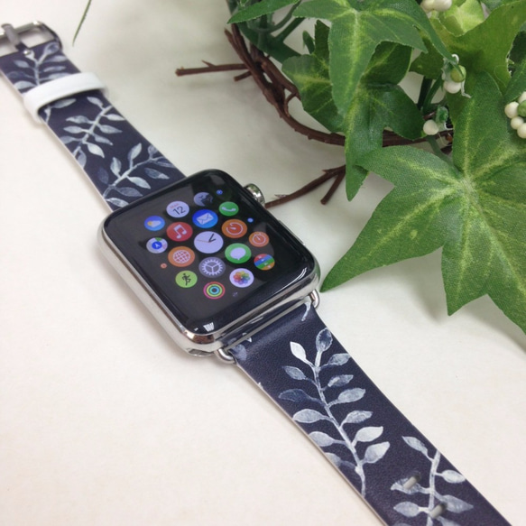 Apple Watch Strap Series 1 & Series 2 真皮手錶帶 更換式蘋果錶帶 - 深藍色葉子 第2張的照片