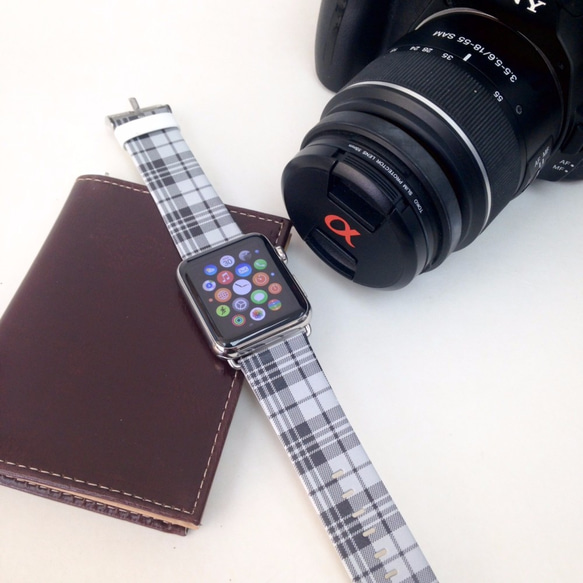 Apple Watch Strap Series 1 & Series 2 真皮手錶帶 更換式蘋果錶帶 - 灰黑色格子 第1張的照片