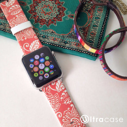 Apple Watch Strap Series 1 & Series 2 真皮手錶帶 更換式蘋果錶帶 - 橙色夏威夷花 第1張的照片