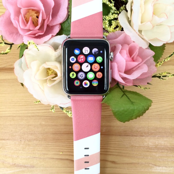 アップルウォッチ交換可能なAppleとストラップシリーズ1＆シリーズ2レザーの時計ストラップ - ピンク幾何学 1枚目の画像