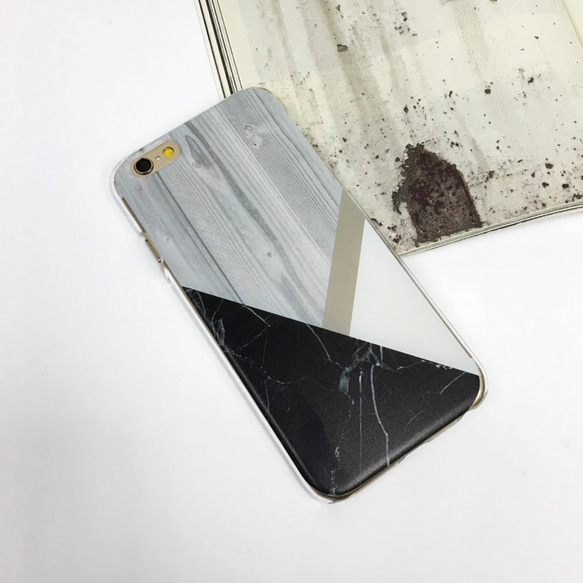 ◎iPhone 透明電話軟殼◎Samsung 透明手機軟殼◎手機配件◎ 灰木與黑色大理石幾何 第2張的照片