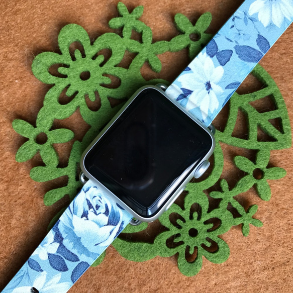 Apple Watch Strap Series 1 & Series 2 真皮手錶帶 更換式蘋果錶帶 - 藍綠色的花 第1張的照片