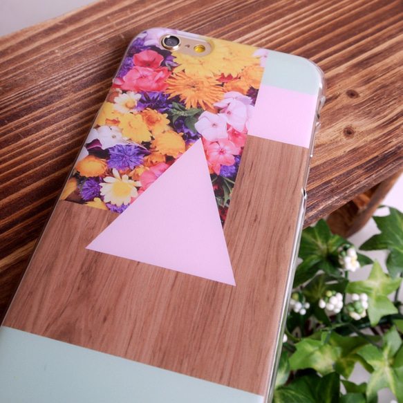 ◎iPhone 透明電話軟殼◎Samsung 透明手機軟殼◎ 粉紅色粉綠色三角形花卉木紋 第2張的照片