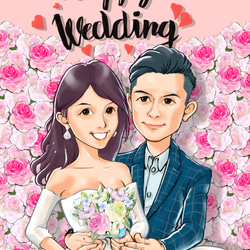 /結婚記念日/手描きQバージョンコミックポートレートカスタムペインティング 2枚目の画像