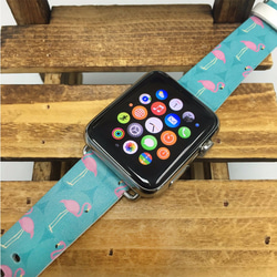 § AppleWatch 38mm / 42mm 真皮手錶帶 蘋果錶帶 § 綠松色紅鶴 第1張的照片