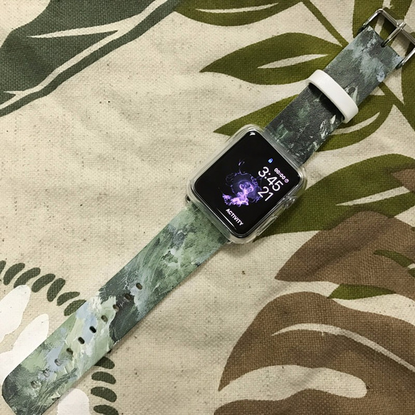 § AppleWatch 38mm / 42mm 真皮手錶帶 蘋果錶帶 §  綠色油彩 第2張的照片