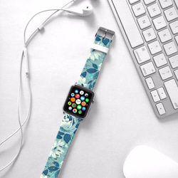 § AppleWatch 38mm / 42mm 真皮手錶帶 蘋果錶帶 §     藍色玫瑰花紋 第3張的照片