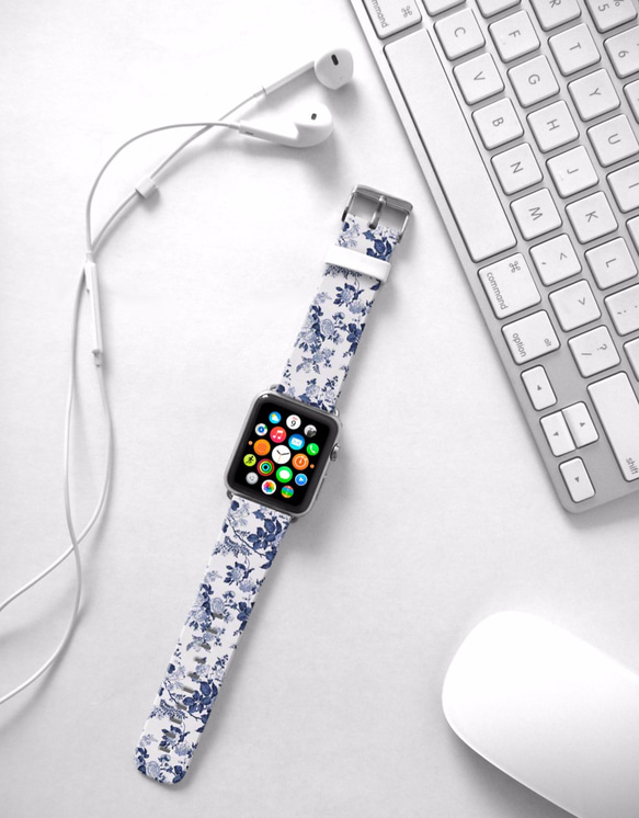 § AppleWatch 38mm / 42mm 真皮手錶帶 蘋果錶帶 §   藍色玫瑰花紋 第3張的照片