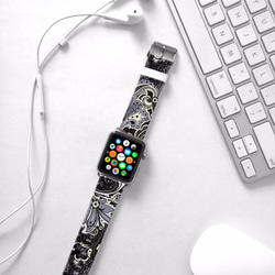 § AppleWatch 38mm / 42mm 真皮手錶帶 蘋果錶帶 § 黑色花樣圖紋 第3張的照片