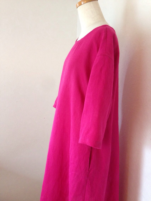 リネンワンピース#1 チェリーピンクの春色ドレス オフショルダー ナチュラル シンプル リネン ピンク 2枚目の画像