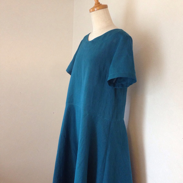 リネンワンピース#2 ピーコックブルーの春色ドレス ナチュラル シンプル リネン 2枚目の画像