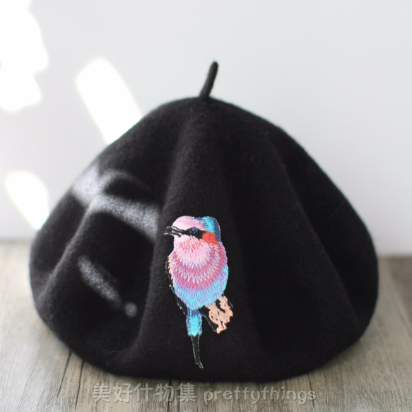 鳥刺繍ベレー帽 ブラック #ブラック【帽子カラー変更可能