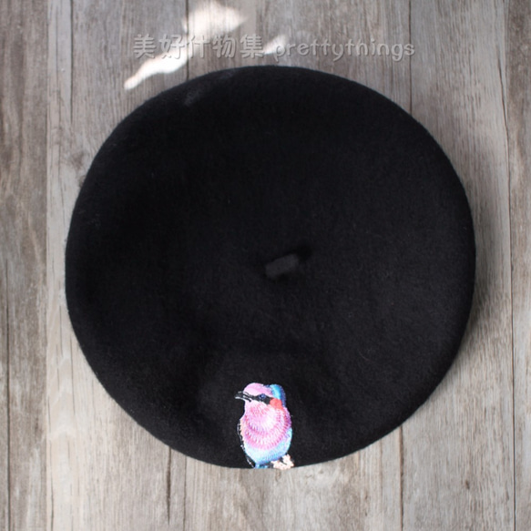 小鳥刺繡貝蕾帽 黑#Black【可改帽色】90%羊毛 貝雷帽/畫家帽/帽子/Beret 第2張的照片